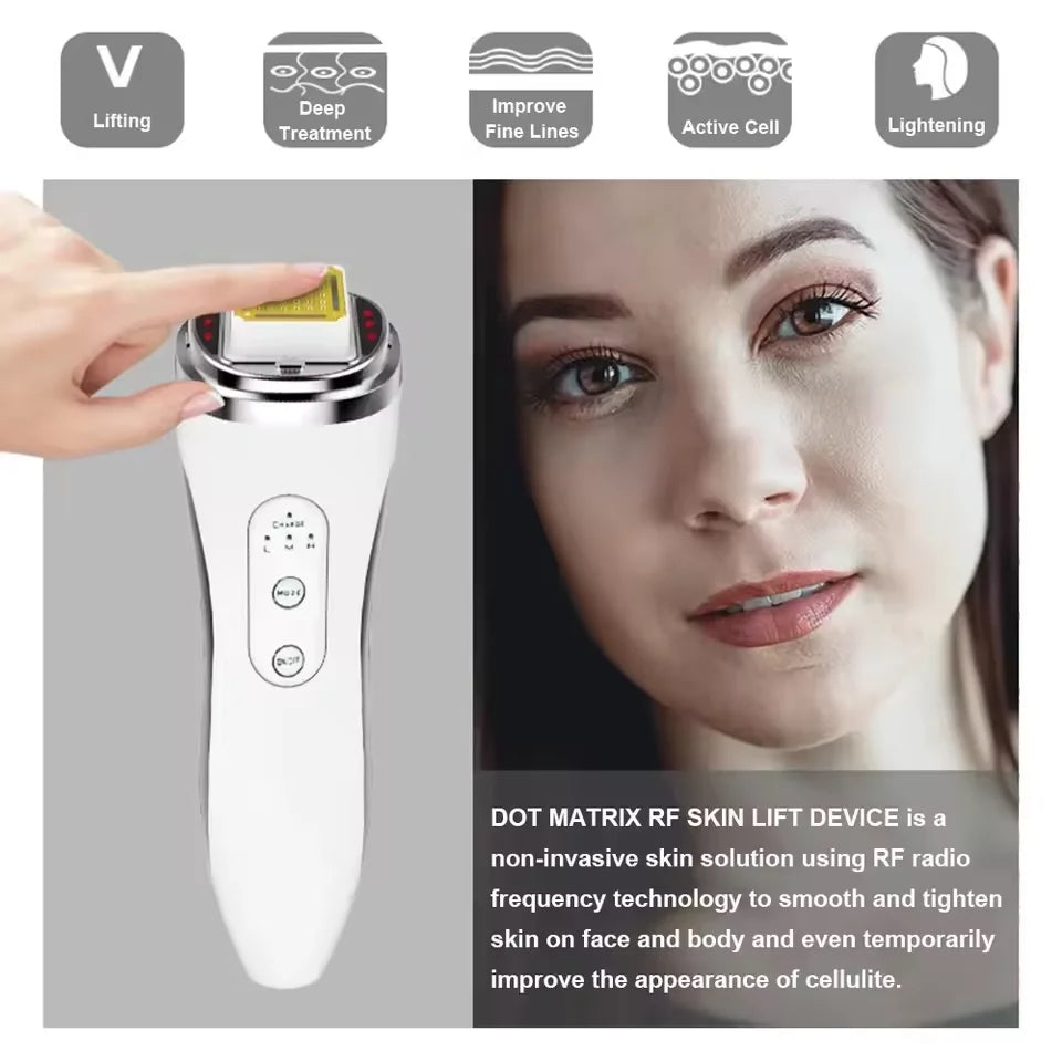Woman using Radio Frequency Facial Lifting Machine for skin rejuvenation and anti-aging treatment.