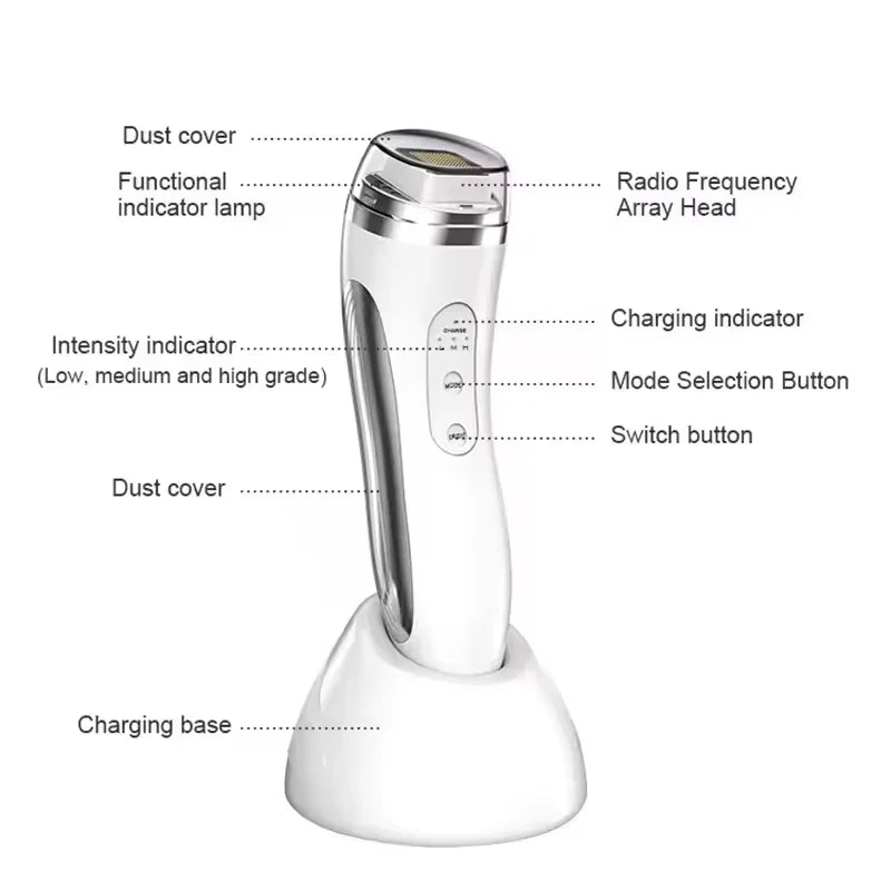 Radio Frequency Facial Lifting Machine with functional indicators and charging base for home spa treatments.